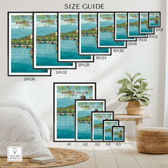 Wall art poster size guide with Summer Palace lake travel print in various frame sizes on modern bedroom wall.