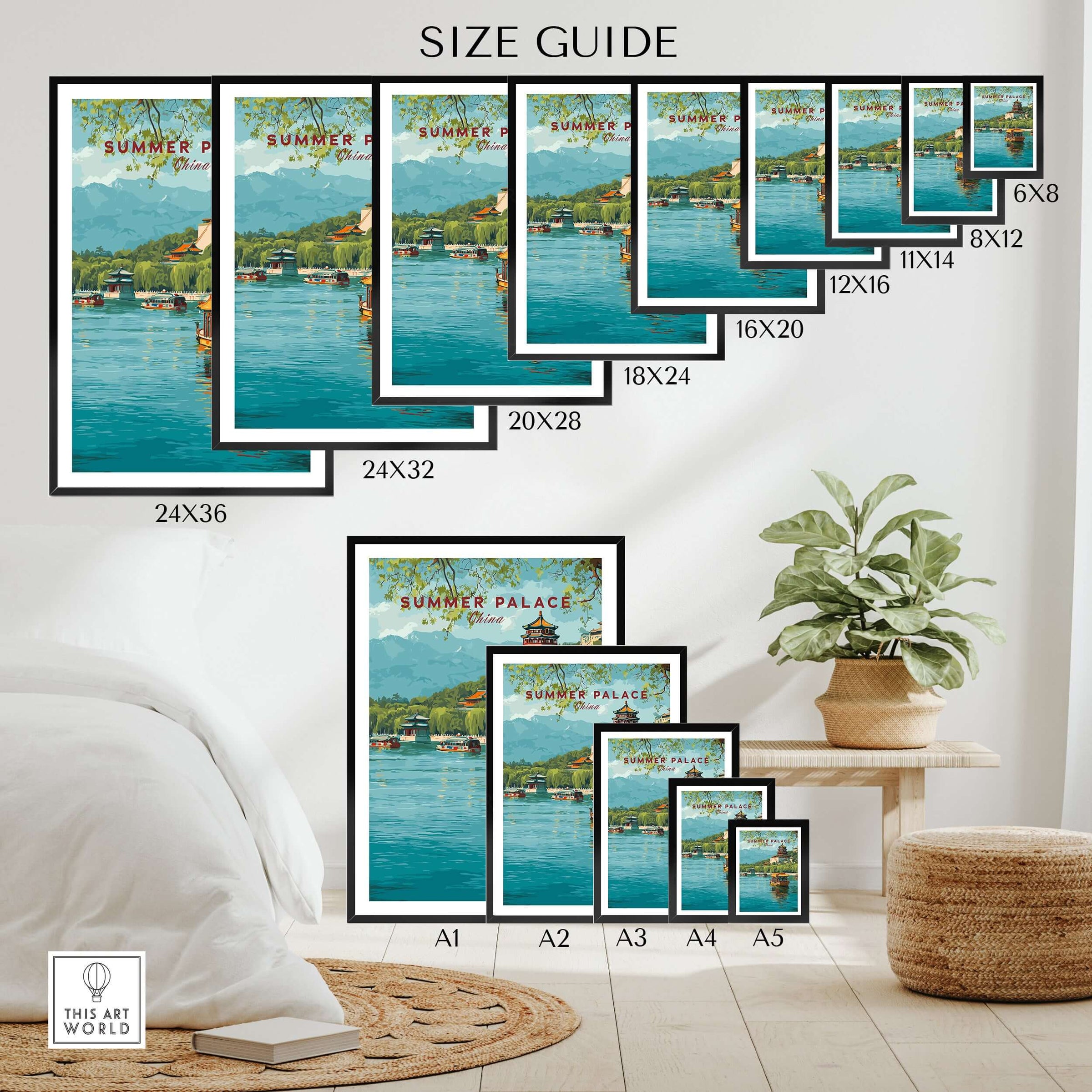 Wall art poster size guide with Summer Palace lake travel print in various frame sizes on modern bedroom wall.