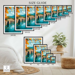 Wall art poster size guide featuring a colorful Summer Palace bridge landscape print in various frame sizes, displayed above a cozy bedroom setting with plants and decor.