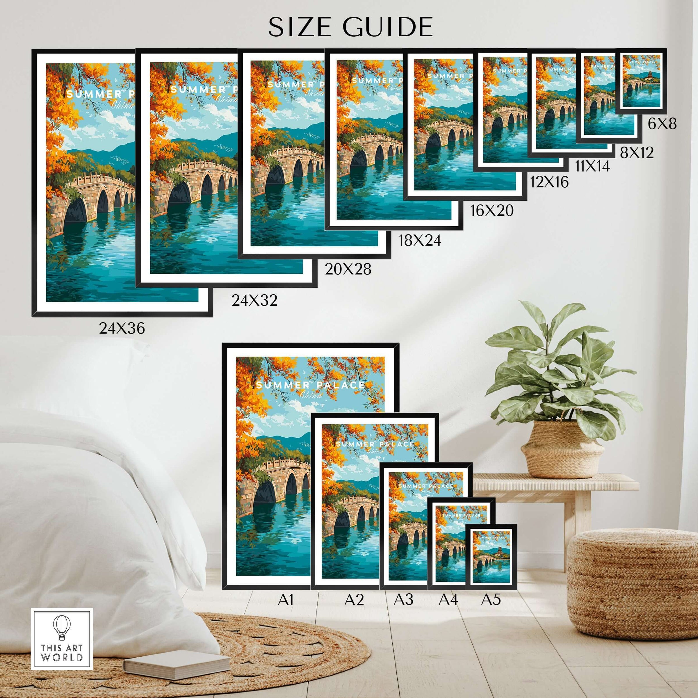 Wall art poster size guide featuring a colorful Summer Palace bridge landscape print in various frame sizes, displayed above a cozy bedroom setting with plants and decor.