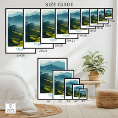 Wall art poster size guide with Sylhet landscape print, various frame sizes, bedroom decor scene