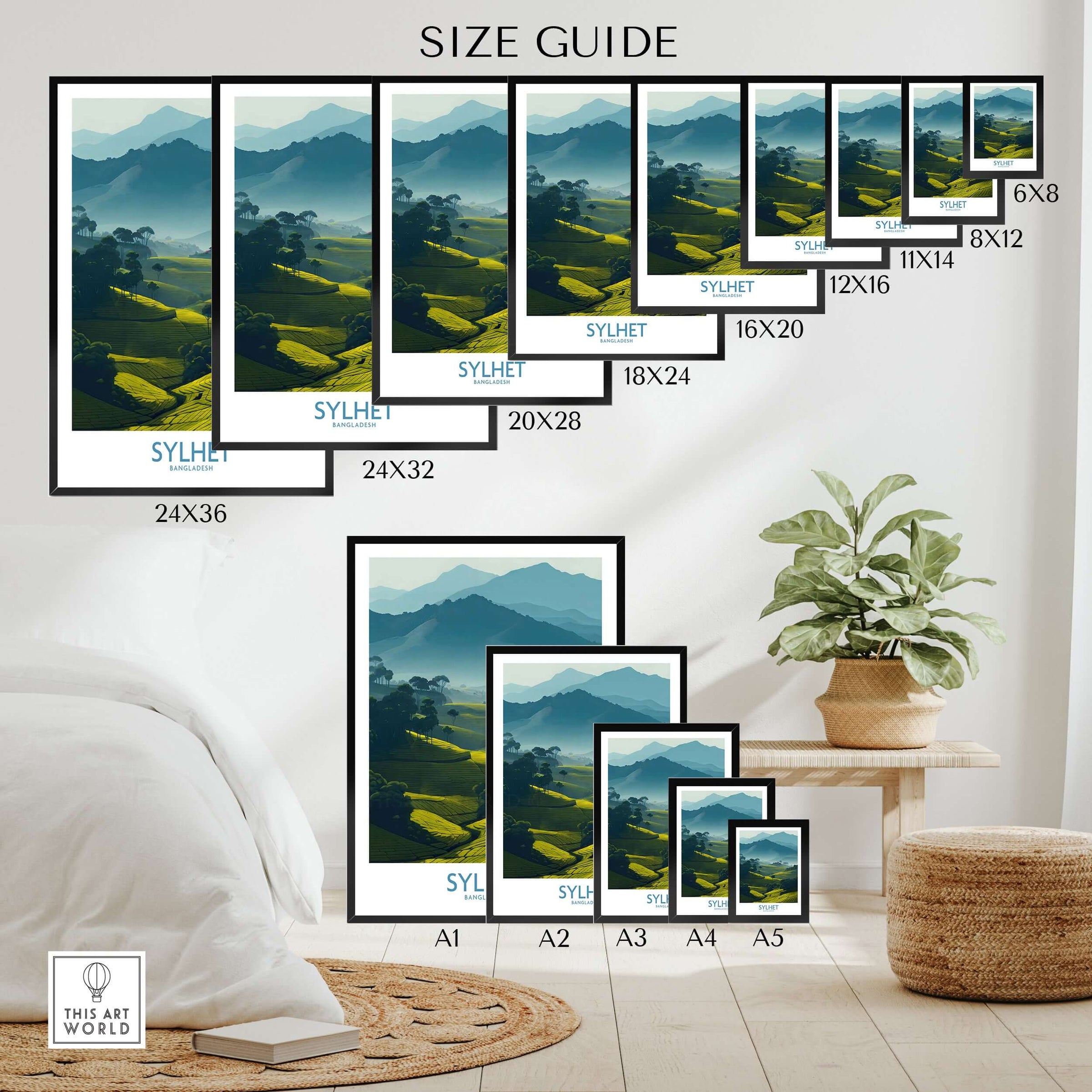 Wall art poster size guide with Sylhet landscape print, various frame sizes, bedroom decor scene
