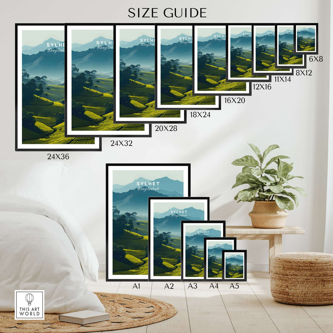 Sylhet Bangladesh poster size guide showcasing tea plantations and misty mountains wall art in various dimensions.