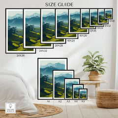 Wall art poster size guide displaying Sylhet travel print in various frame sizes, home decor setting