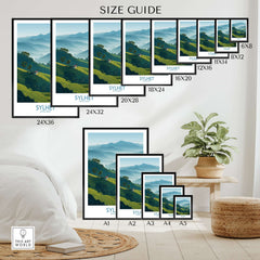 Wall art poster size guide showing mountain landscape prints in various frame sizes above bedroom decor.