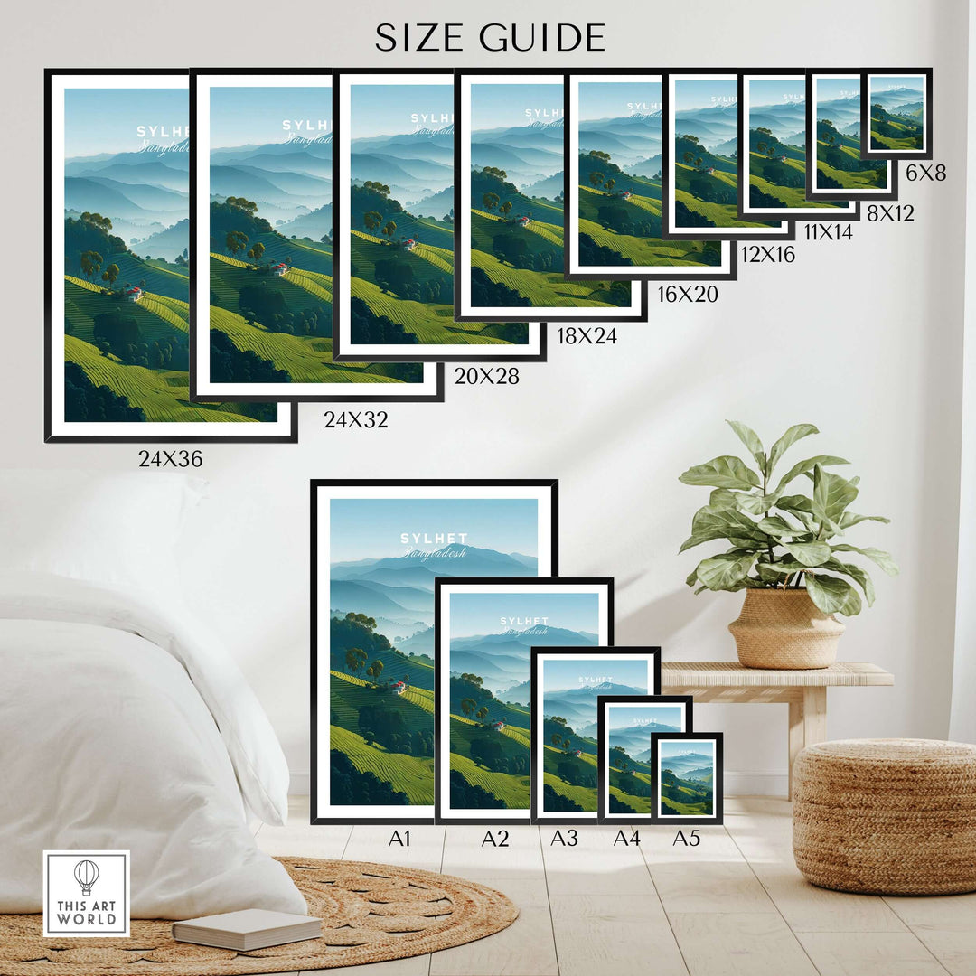 Size guide for Sylhet Bangladesh tea fields print, showcasing various frame sizes in a serene setting.
