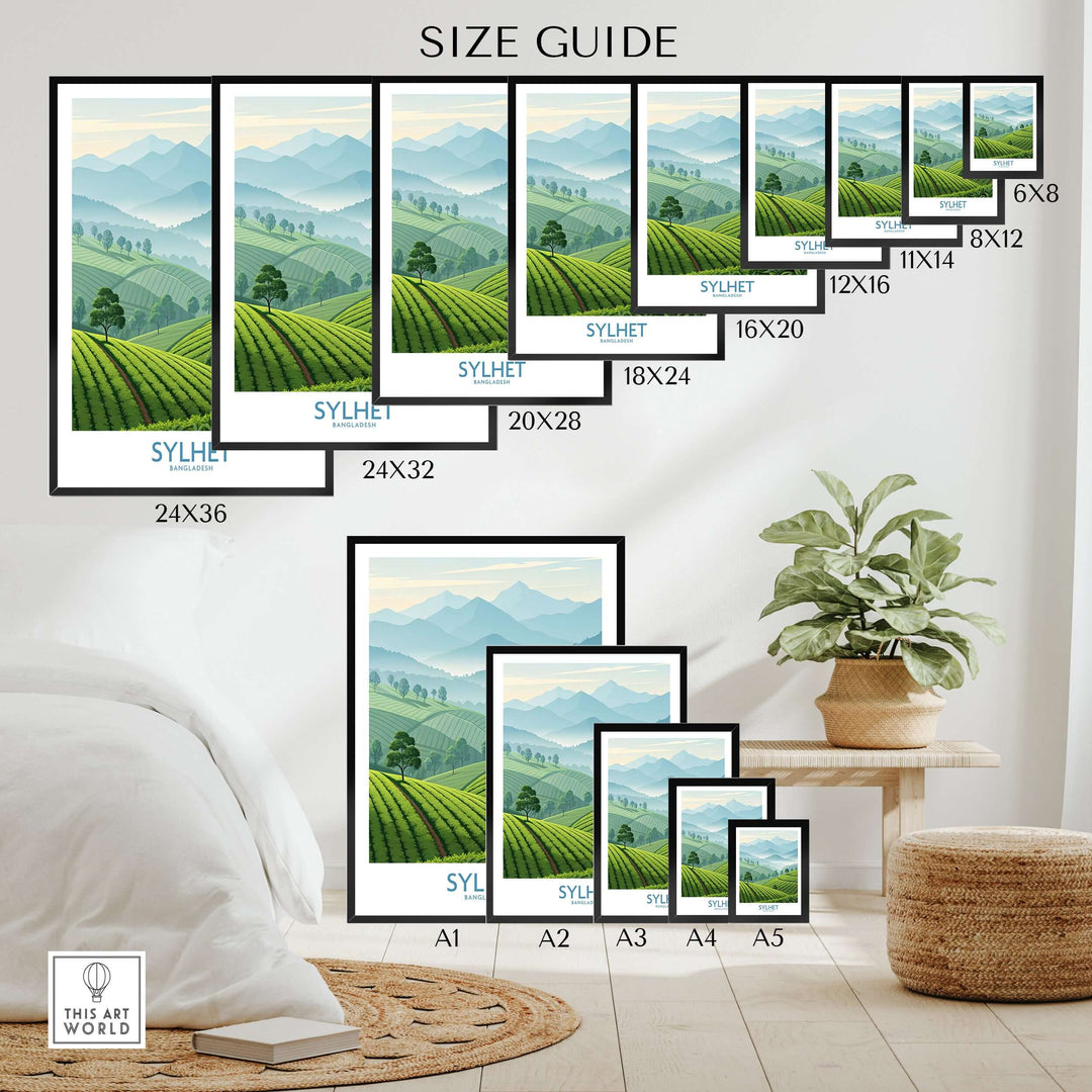Size guide for Sylhet Bangladesh scenic wall art prints, showcasing various dimensions for home décor.