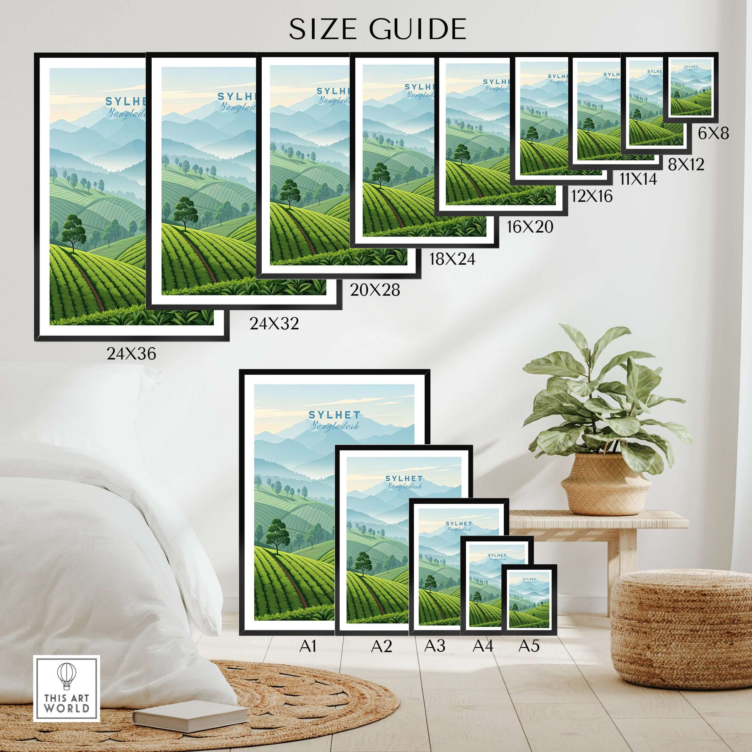 Wall art size guide featuring Sylhet travel poster print with green hills, displayed in a modern bedroom.