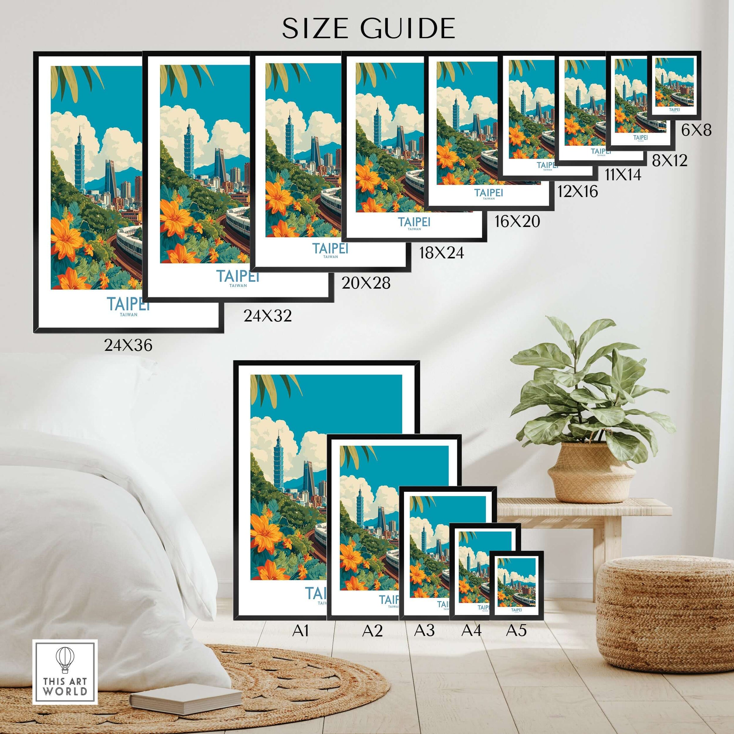 Taipei skyline travel poster size guide in modern bedroom, vibrant floral wall art.