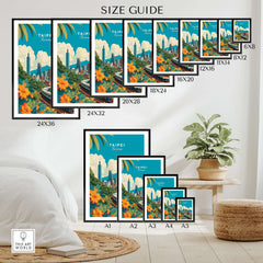 Taipei skyline poster size guide with colorful city wall art displayed in bedroom setting