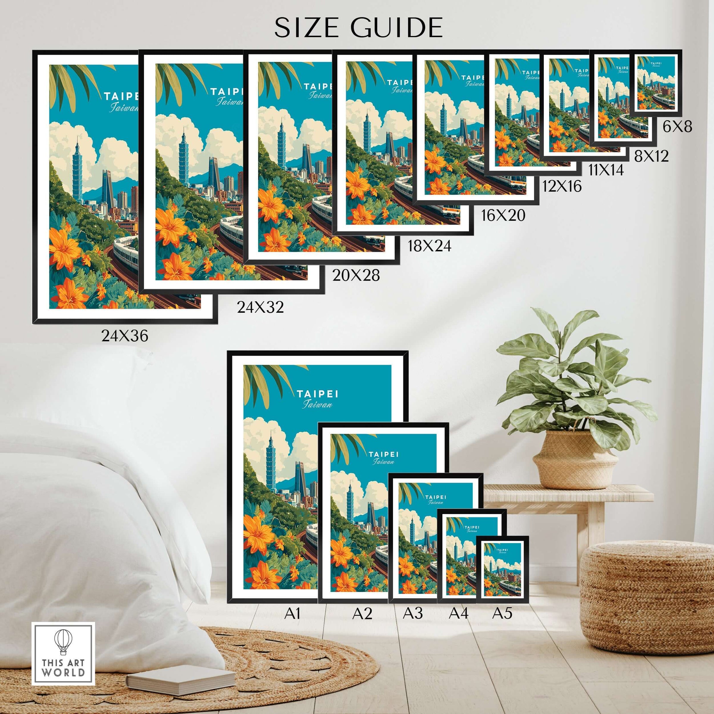 Taipei skyline poster size guide with colorful city wall art displayed in bedroom setting