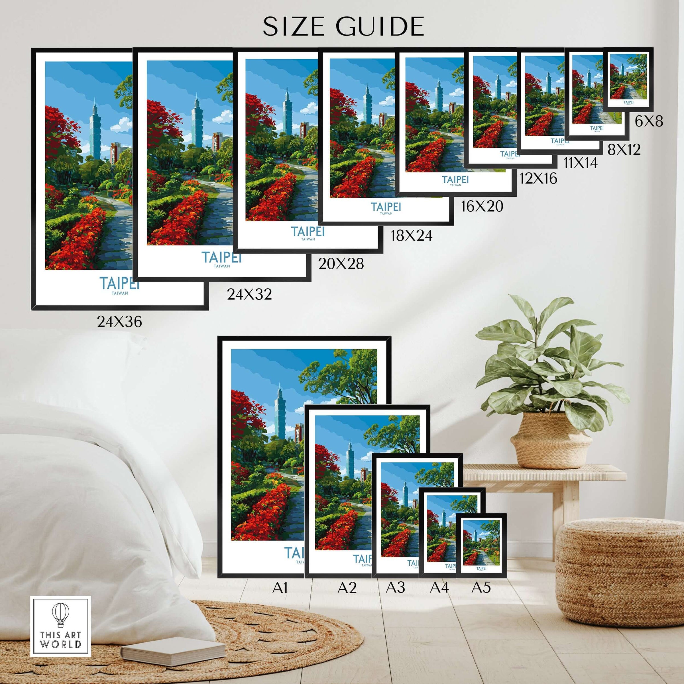 Wall art poster size guide showing Taipei skyline travel print in various frame sizes on a bedroom wall.