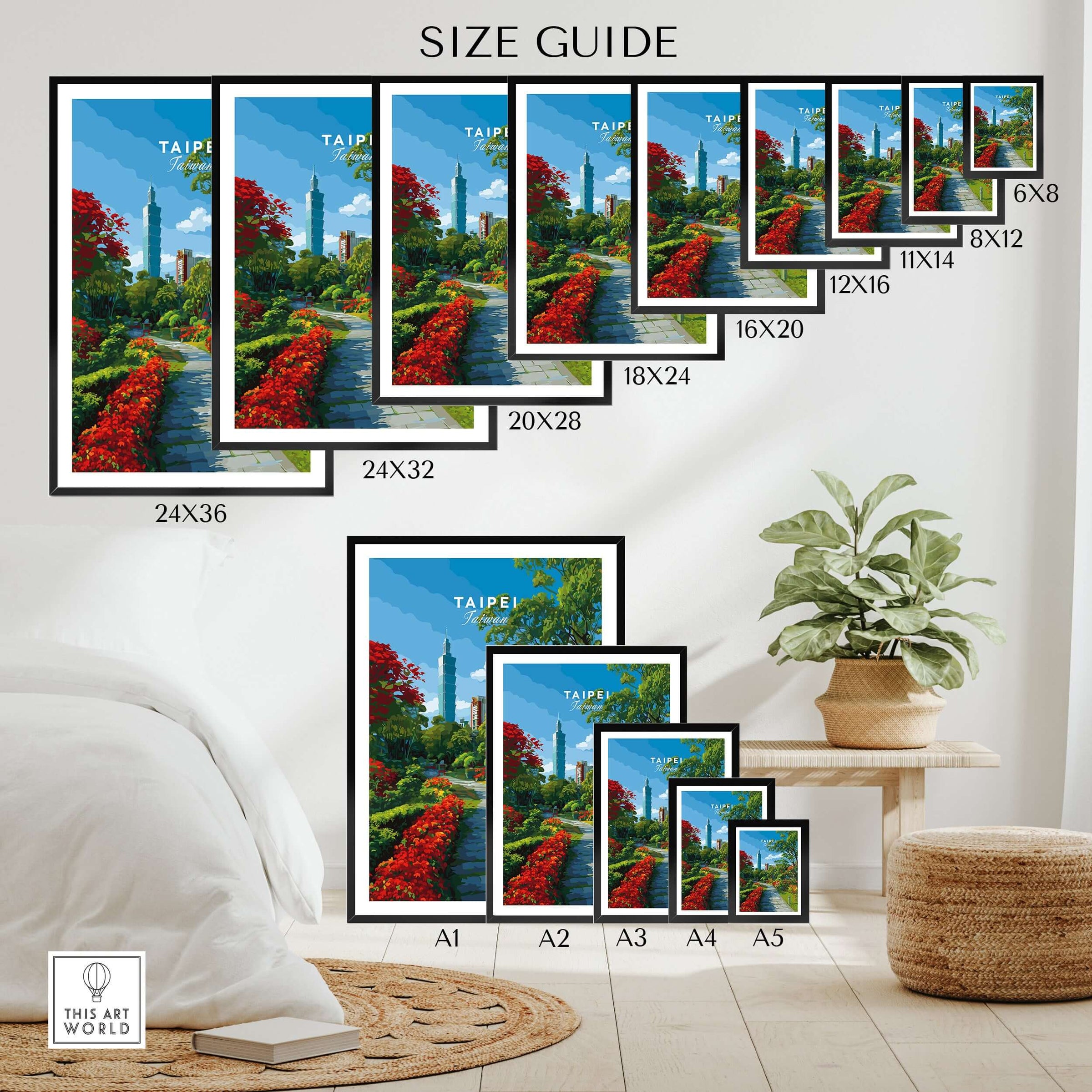 Wall art poster print size guide showing Taipei travel poster in various frame sizes, home decor setting.