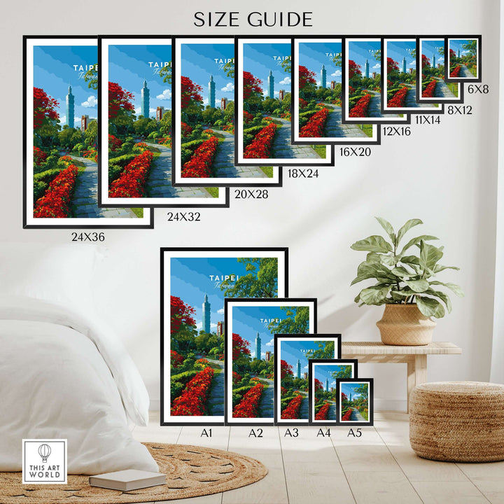 Size guide for Taipei Botanical Garden pathway poster, showcasing various frame sizes for wall art display.