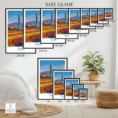 Wall art poster size guide showing Taipei city skyline print in various frame sizes, displayed in modern home decor setting.