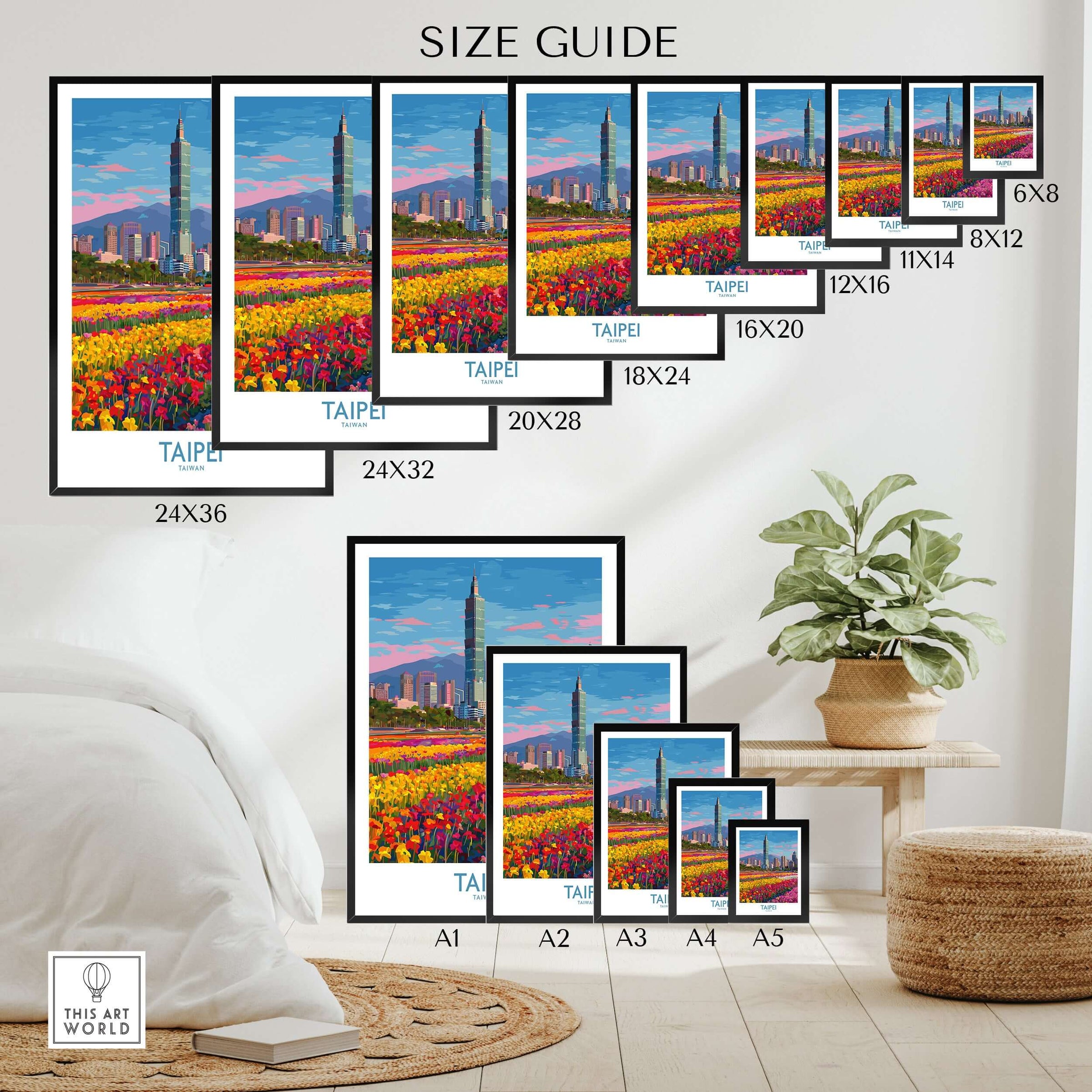 Wall art poster size guide showing Taipei city skyline print in various frame sizes, displayed in modern home decor setting.