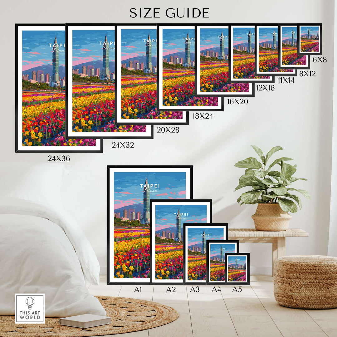 Size guide for Taipei 101 skyline wall art prints in various dimensions arranged in a stylish home setting.
