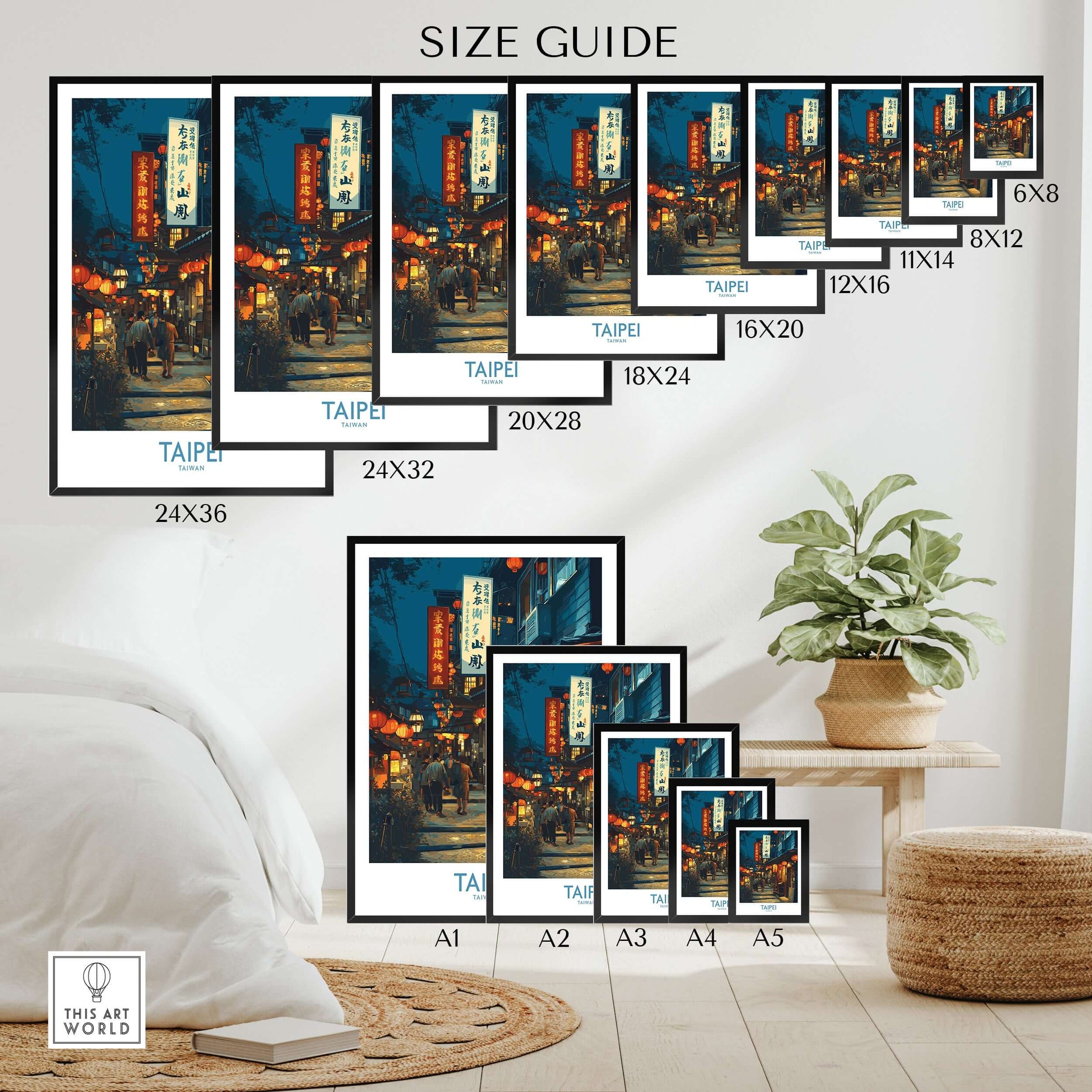 Taipei travel poster wall art print size guide with various framed poster sizes displayed in a modern bedroom setting.