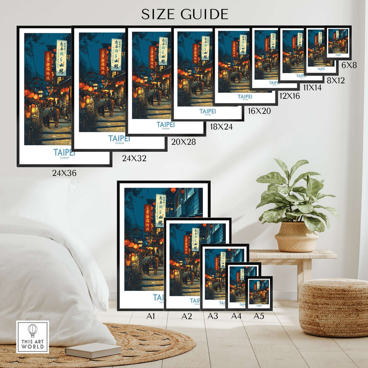 Size guide for Taipei Taiwan illuminated market poster in various dimensions displayed in a cozy room setting.