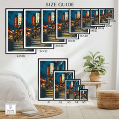 Wall art poster print size guide featuring a vibrant travel city street scene with lanterns.