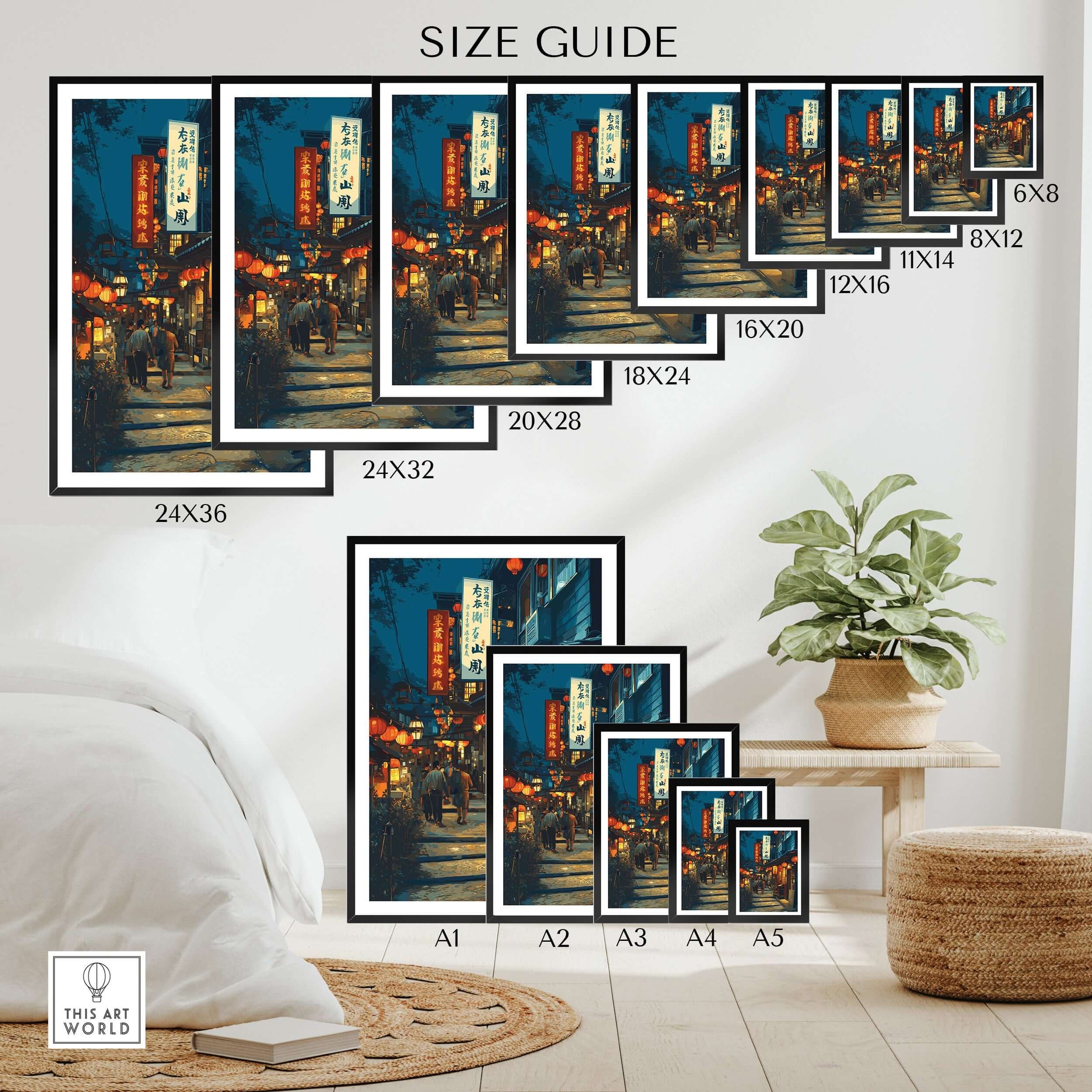 Wall art poster print size guide featuring a vibrant travel city street scene with lanterns.