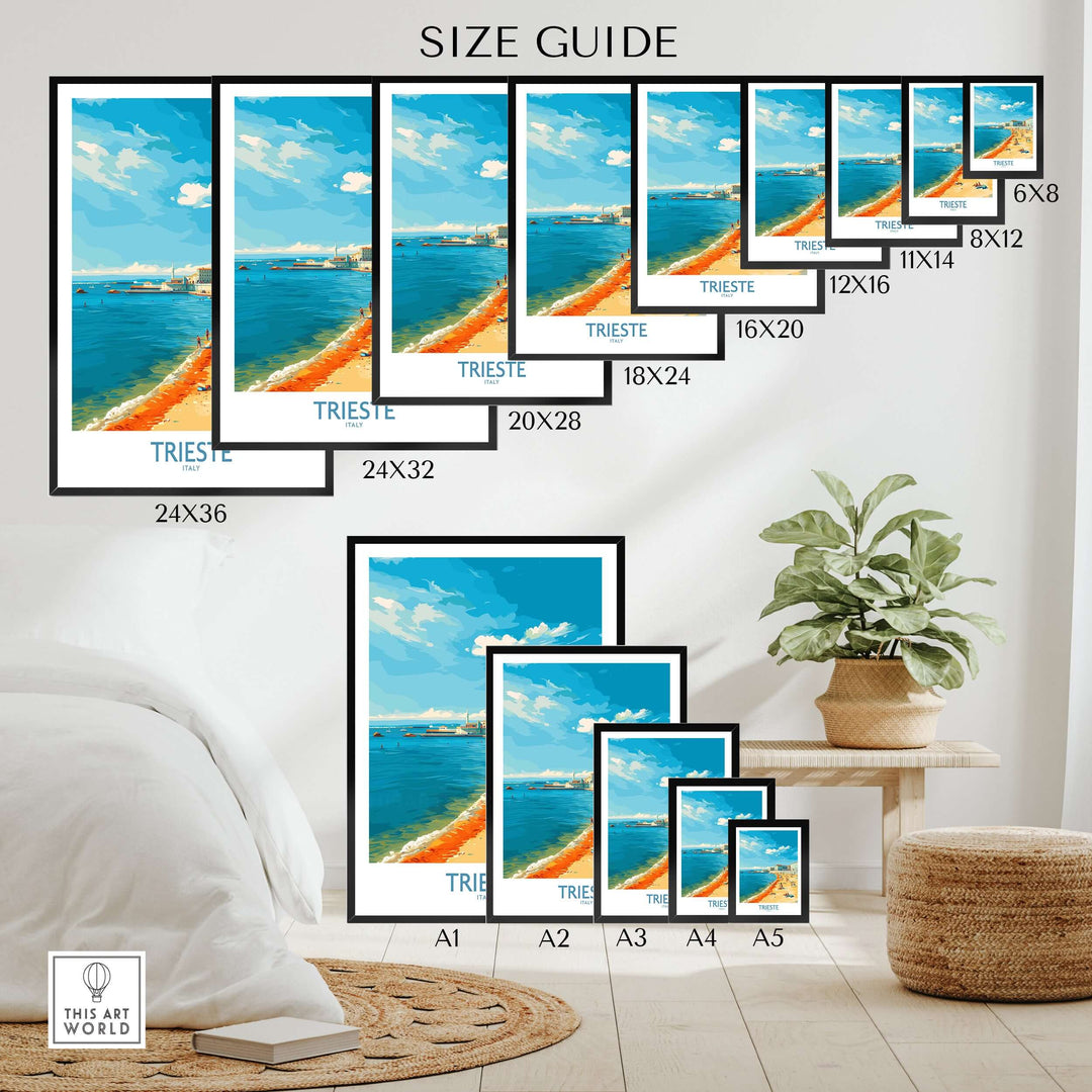 Size guide displaying various Trieste Italy posters in different dimensions and framing options in a stylish room setting.