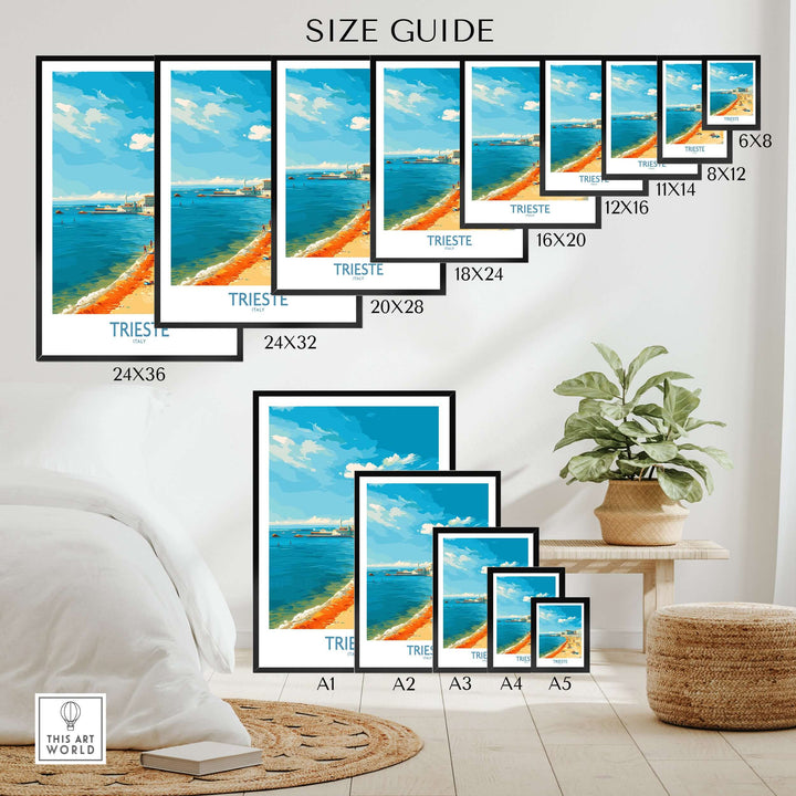 Size guide displaying various Trieste Italy posters in different dimensions and framing options in a stylish room setting.