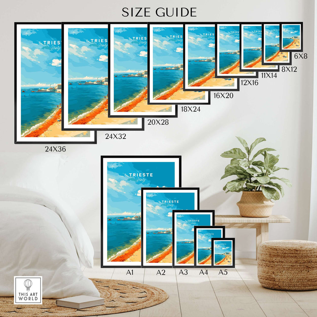 Size guide for Trieste Italy print showcasing various frame sizes of the Adriatic coast artwork.