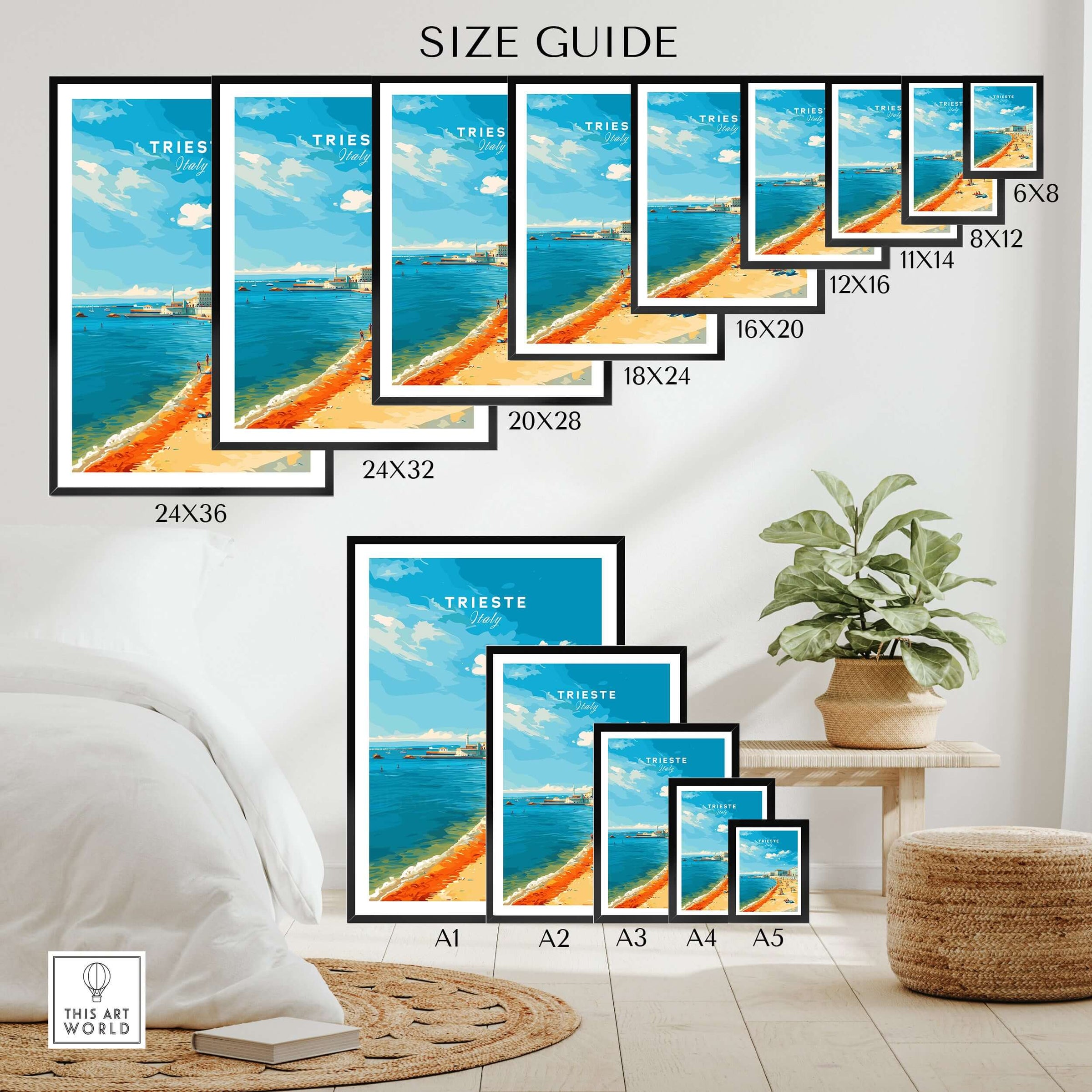 Wall art poster size guide with coastal Trieste Italy travel print in various frame sizes, bedroom decor