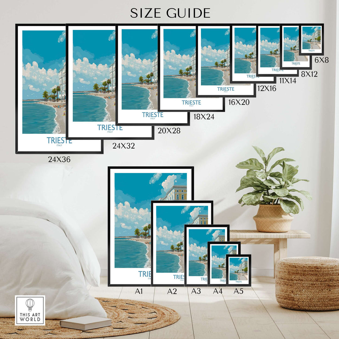 Size guide for Trieste Print Italy seafront poster showcasing various frame sizes.