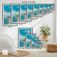 Trieste Italy travel poster size guide, showing various wall art print dimensions in a modern home setting.