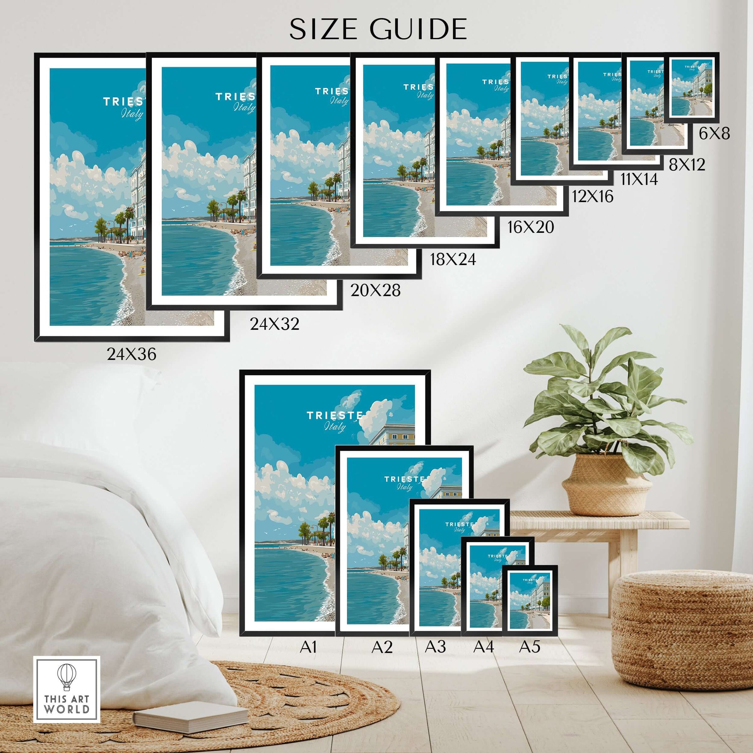 Trieste Italy travel poster size guide, showing various wall art print dimensions in a modern home setting.