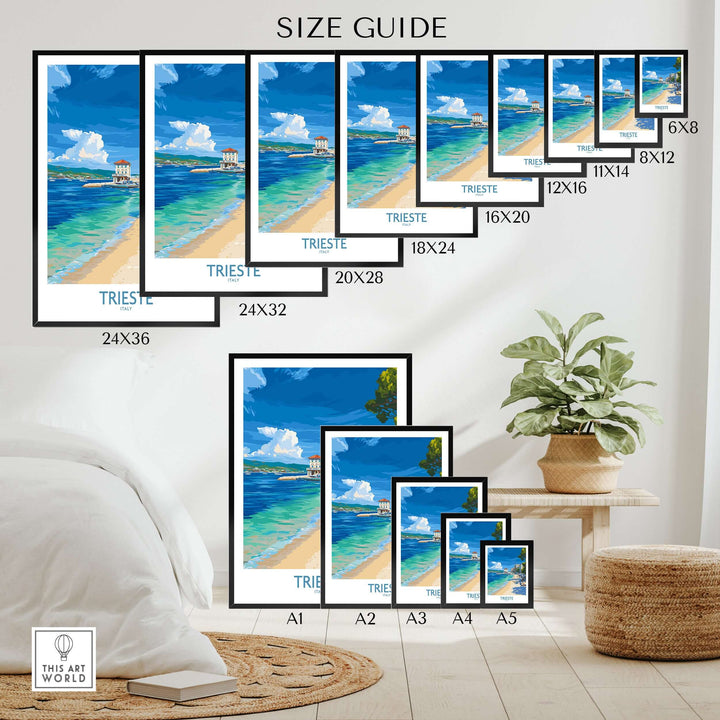 Size guide for Trieste Italy beach poster showcasing various frame sizes and coastal artwork.