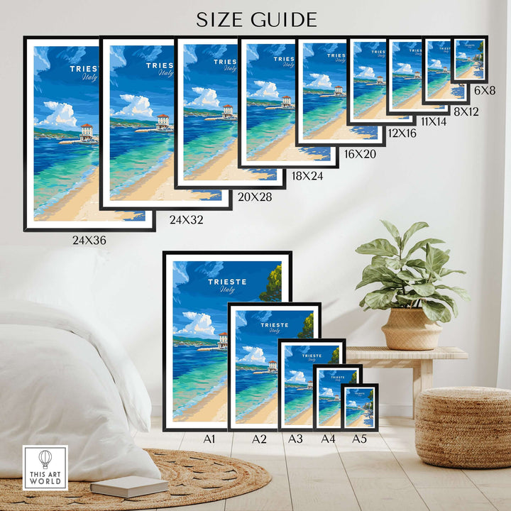 Size guide for Trieste Italy beach print wall art showcasing various frame sizes and designs.