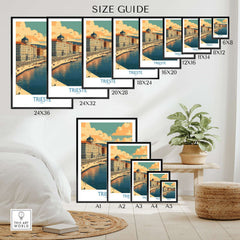 Wall art poster size guide featuring a Trieste Italy travel print in a modern bedroom setting.