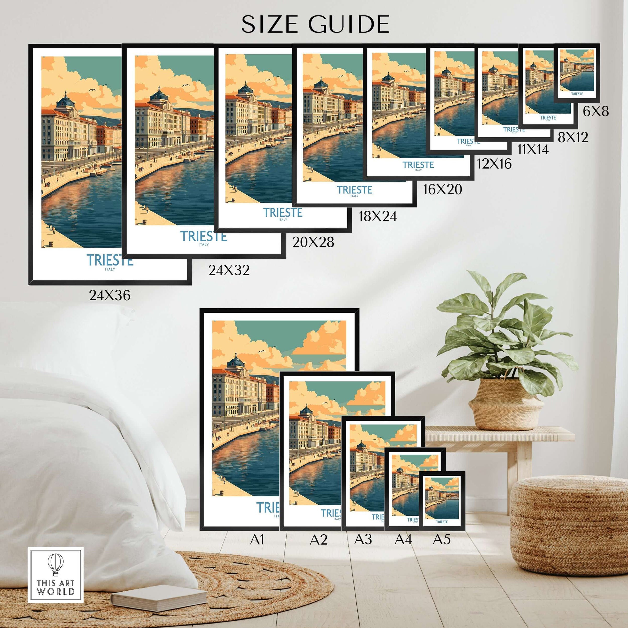 Wall art poster size guide featuring a Trieste Italy travel print in a modern bedroom setting.
