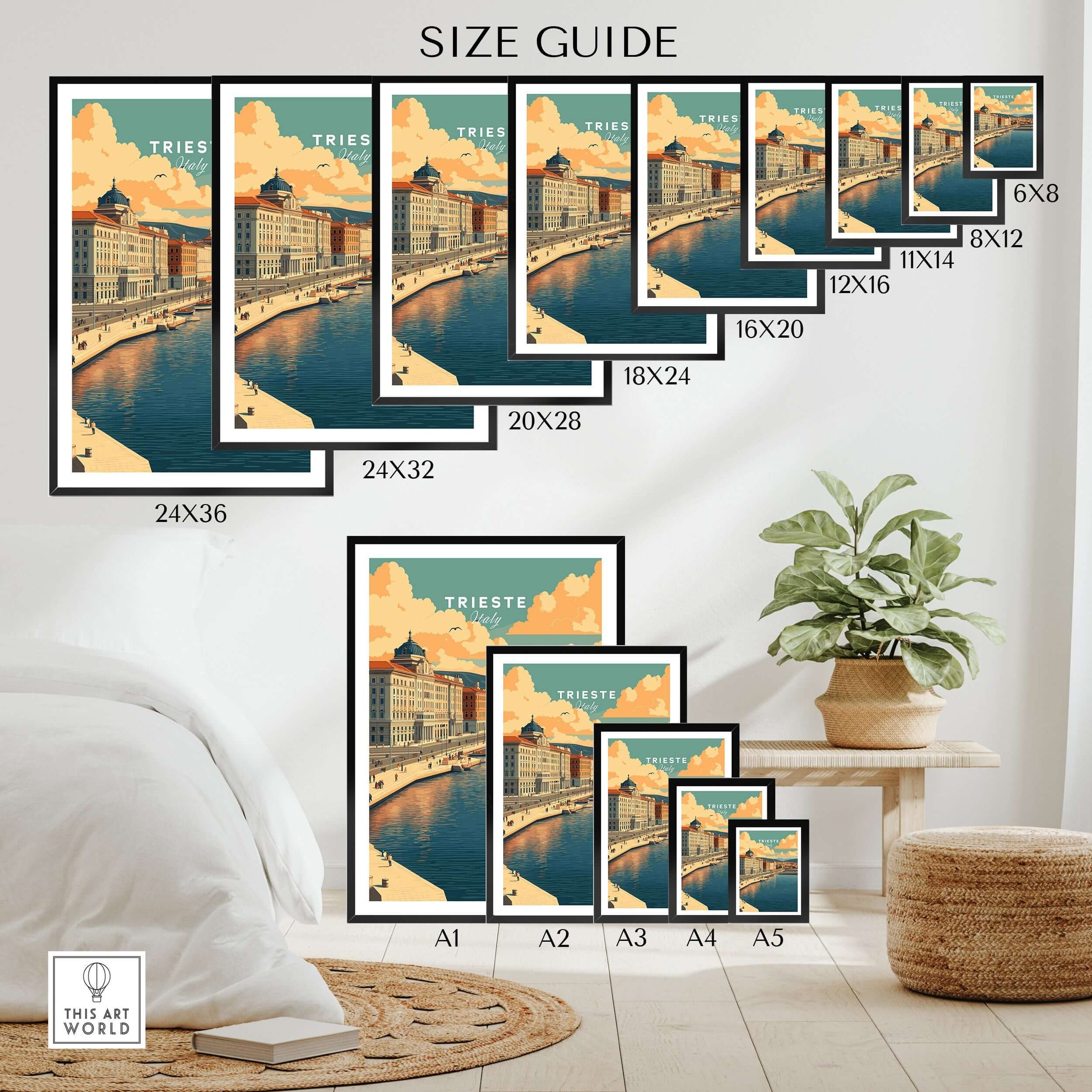 Trieste Italy travel poster size guide with various wall art print sizes displayed in a modern room.