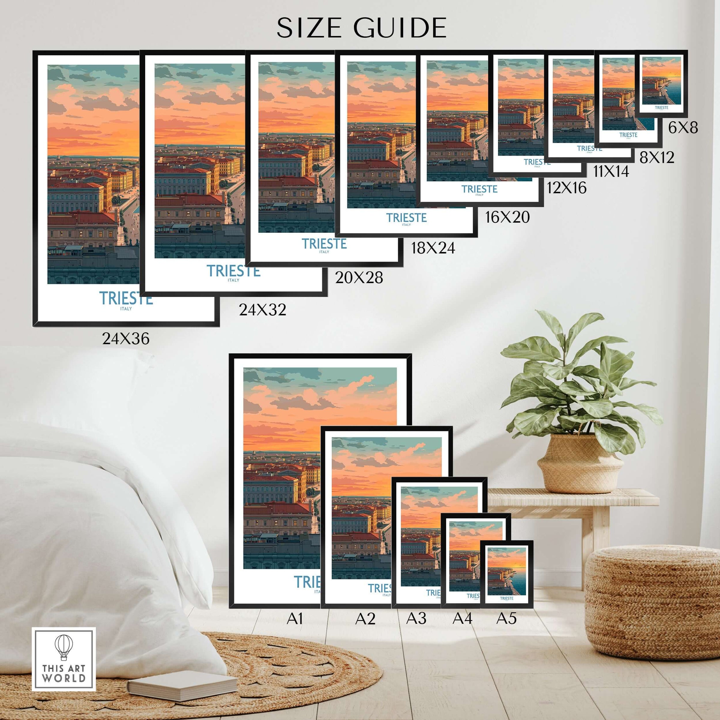 Wall art poster size guide featuring Trieste cityscape print in various frame sizes above a bed and plant.