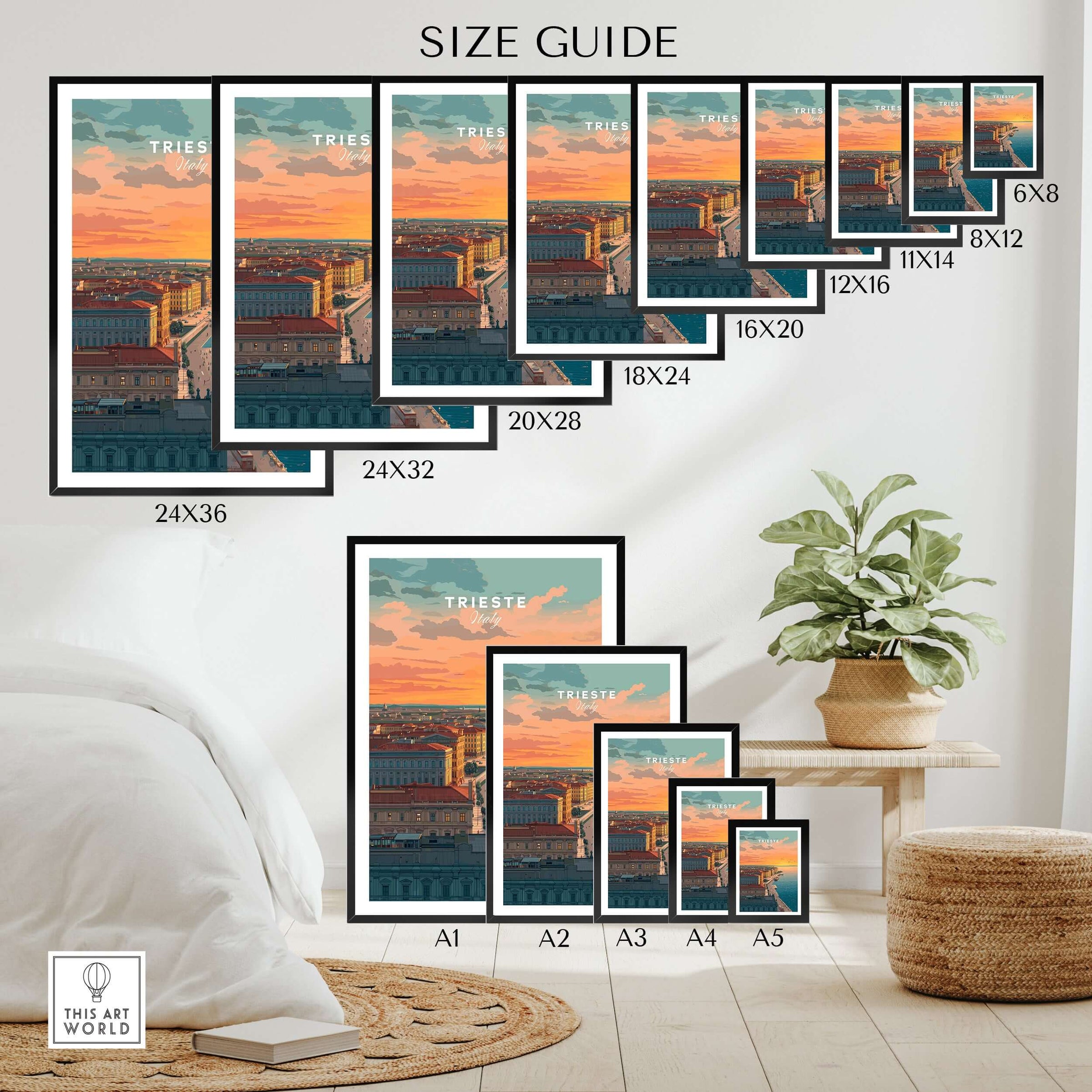 Trieste travel poster wall art print size guide with various frame sizes in modern room setting