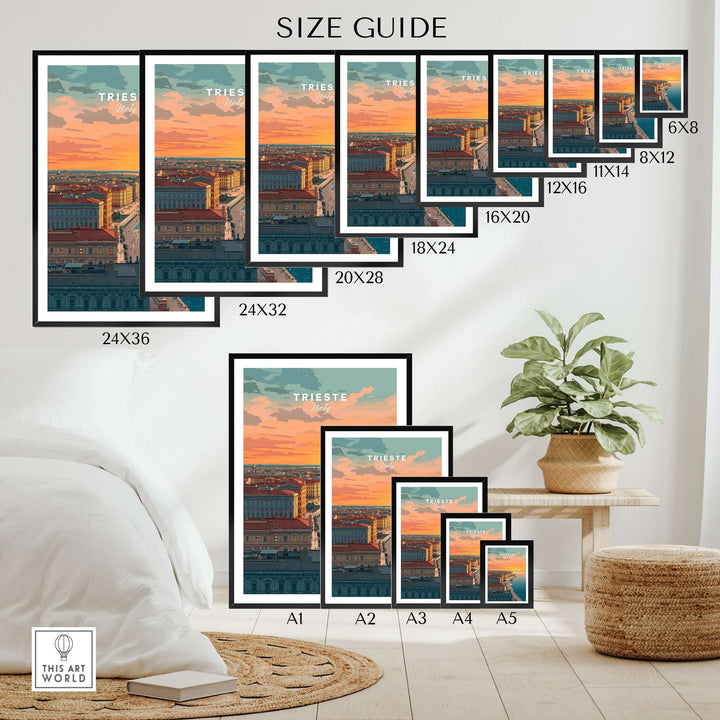 Size guide for Trieste Italy Coastal Sunset Skyline Poster showcasing various frame sizes and placement.