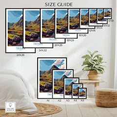 Wall art size guide featuring Tryfan mountain travel poster in various print sizes in a modern bedroom.