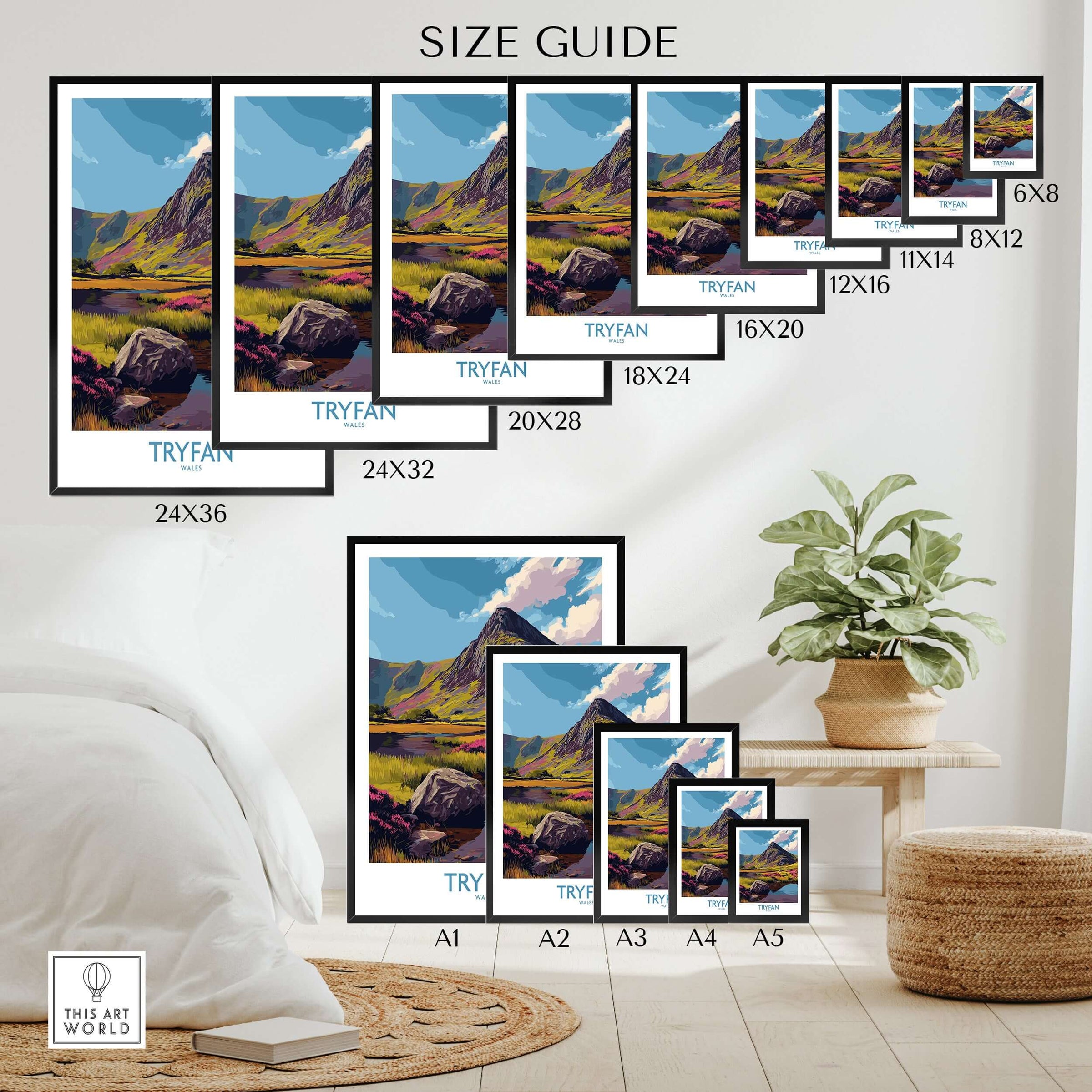 Wall art size guide featuring Tryfan mountain travel poster in various print sizes in a modern bedroom.