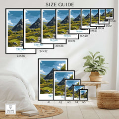 Wall art poster size guide with Tryfan mountain landscape print in various frame sizes, displayed in modern bedroom setting.