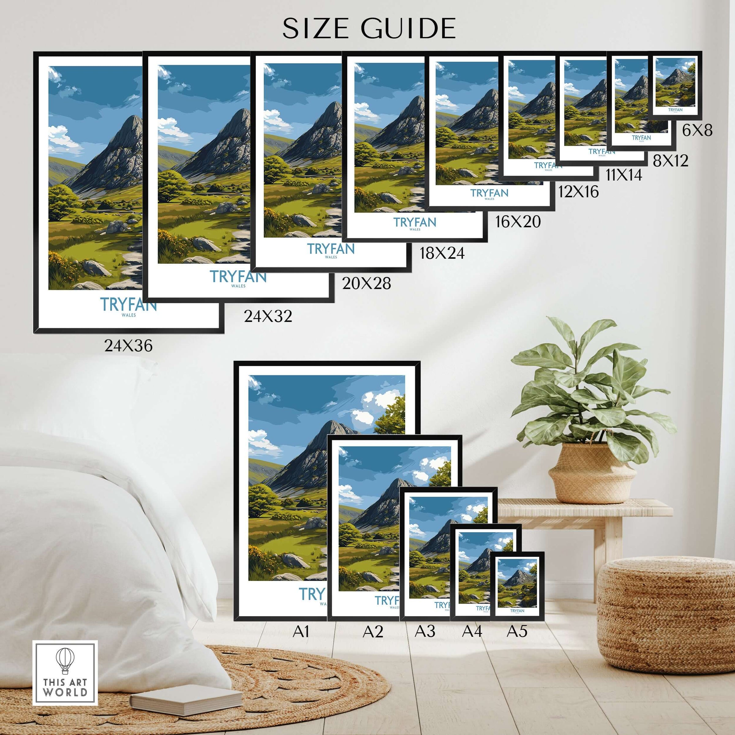 Wall art poster size guide with Tryfan mountain landscape print in various frame sizes, displayed in modern bedroom setting.