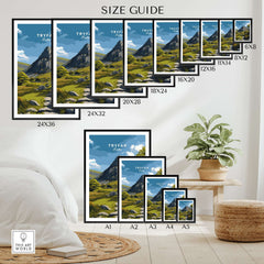 Wall art poster size guide showing Tryfan mountain print in various frame sizes, home decor setting