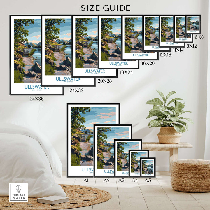 Size guide for Ullswater Lake District Mountain Vista poster showing various frame sizes in a stylish interior setting.