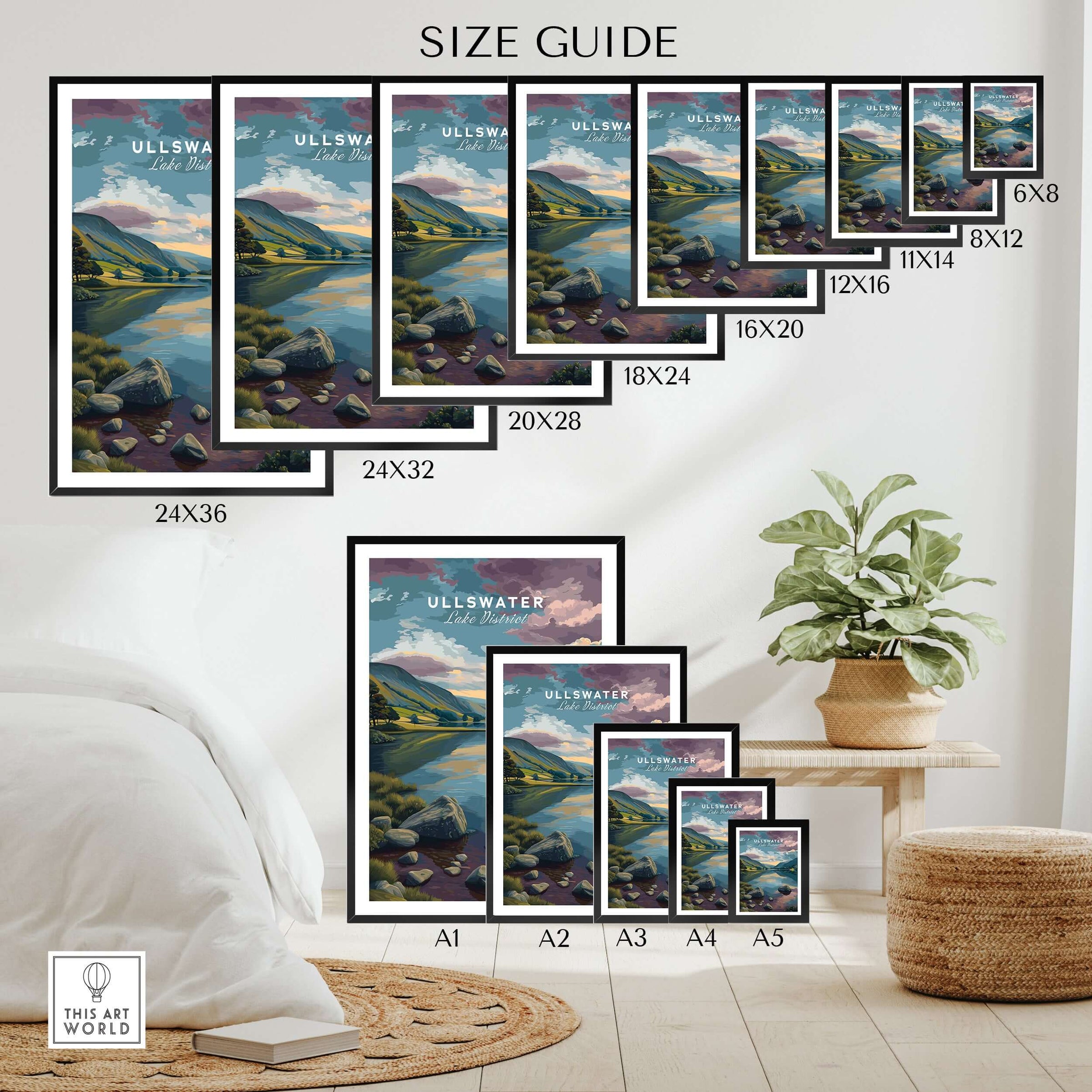 Wall art poster size guide featuring Ullswater Lake District landscape print in various frame sizes, displayed in a modern home decor setting with plant and bed.