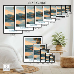 Wall art poster size guide showing Ullswater Lake District landscape print in various frame sizes above a modern bedroom interior.