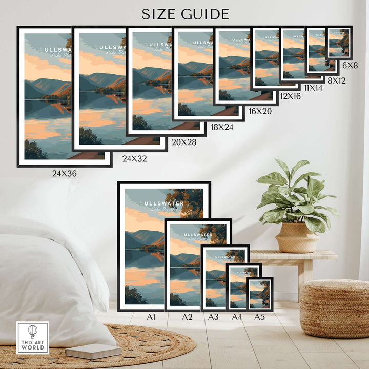 Size guide for Ullswater Lake District boats poster displaying various frame sizes in a cozy room setting.