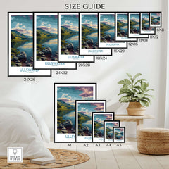 Wall art poster print size guide featuring Ullswater Lake District landscape in a modern bedroom setting.